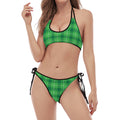 Shamrock Green Plaid Pattern Print Halter Scoop Tie Side Bikini