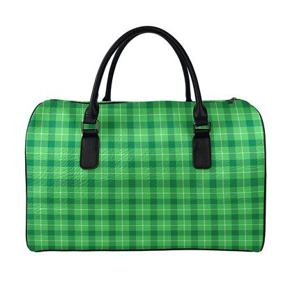 Shamrock Green Plaid Pattern Print Leather Duffle Bag
