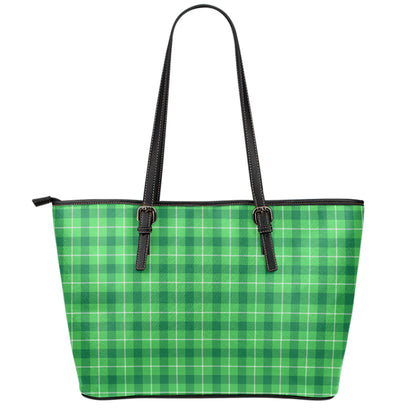 Shamrock Green Plaid Pattern Print Leather Tote Bag