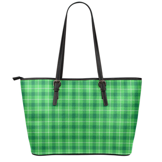 Shamrock Green Plaid Pattern Print Leather Tote Bag