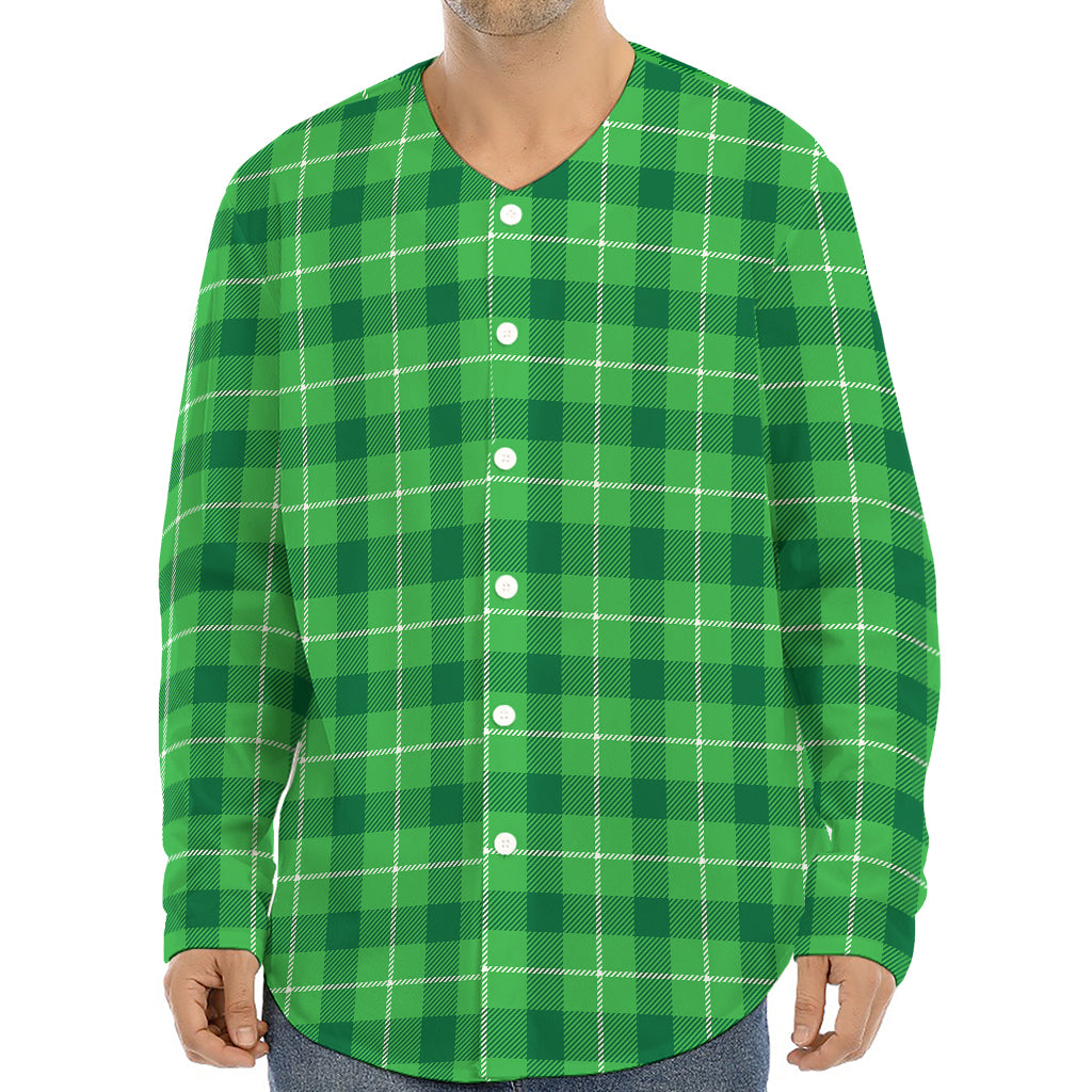 Shamrock Green Plaid Pattern Print Long Sleeve Baseball Jersey