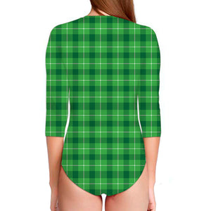 Shamrock Green Plaid Pattern Print Long Sleeve Swimsuit