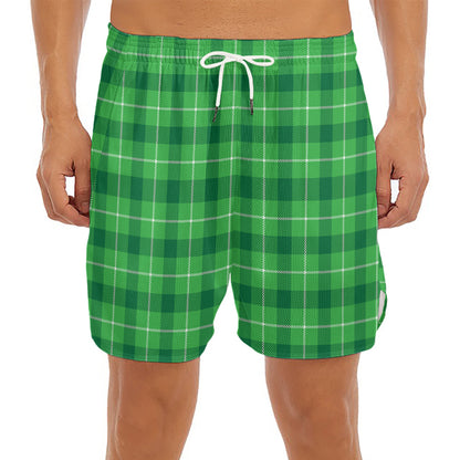 Shamrock Green Plaid Pattern Print Men's Split Running Shorts
