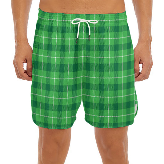 Shamrock Green Plaid Pattern Print Men's Split Running Shorts