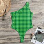 Shamrock Green Plaid Pattern Print One Shoulder Bodysuit