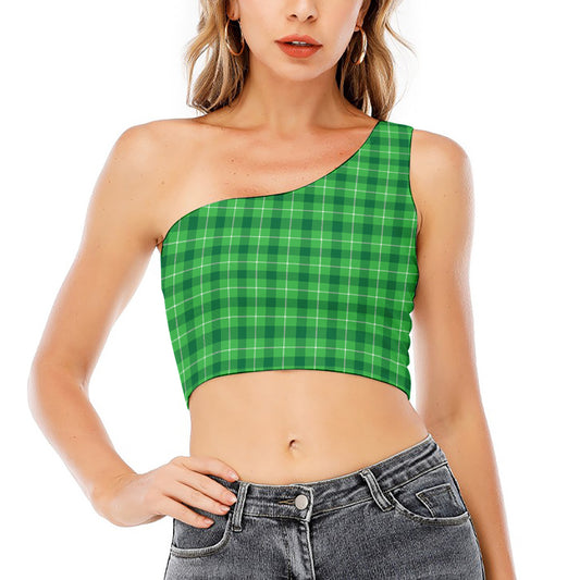 Shamrock Green Plaid Pattern Print One Shoulder Crop Top