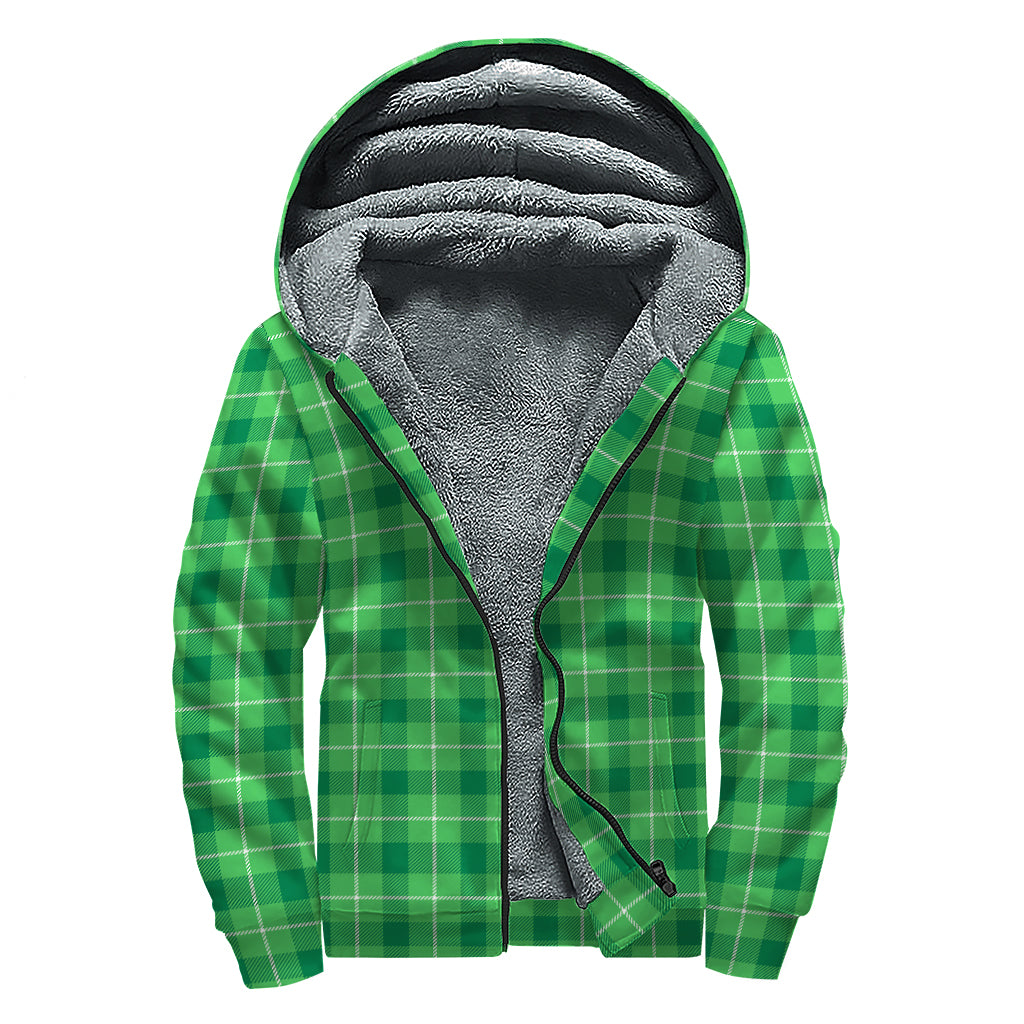 Shamrock Green Plaid Pattern Print Sherpa Lined Zip Up Hoodie