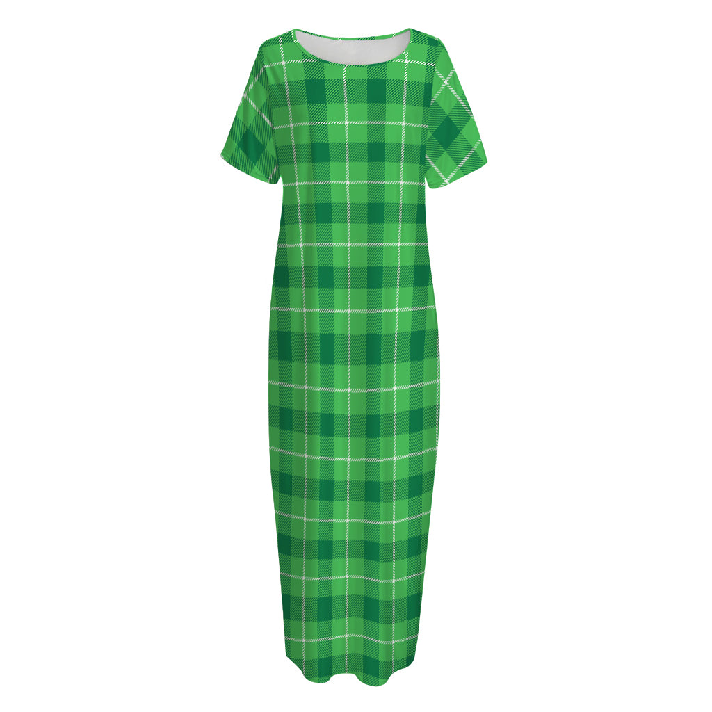 Shamrock Green Plaid Pattern Print Short Sleeve Long Nightdress