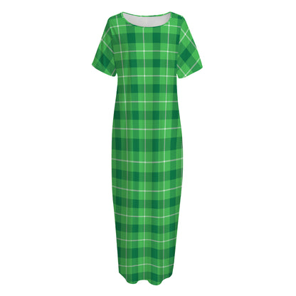 Shamrock Green Plaid Pattern Print Short Sleeve Long Nightdress