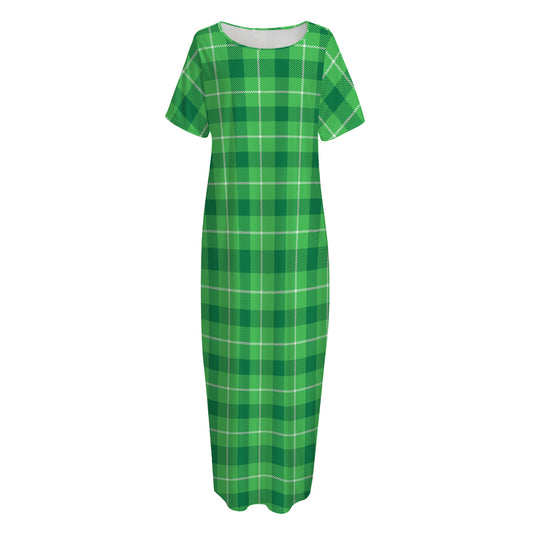 Shamrock Green Plaid Pattern Print Short Sleeve Long Nightdress