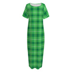 Shamrock Green Plaid Pattern Print Short Sleeve Long Nightdress