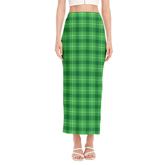 Shamrock Green Plaid Pattern Print Side Slit Maxi Skirt
