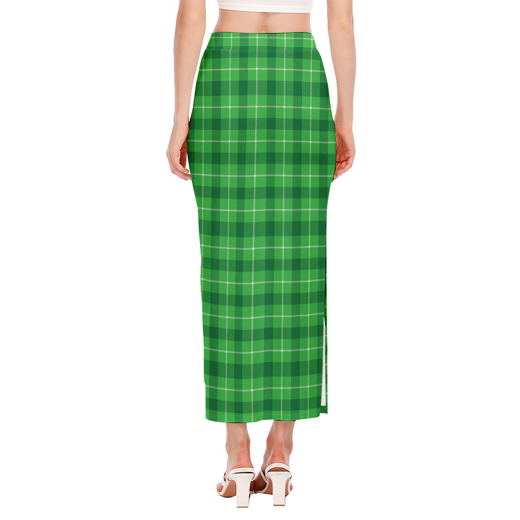 Shamrock Green Plaid Pattern Print Side Slit Maxi Skirt