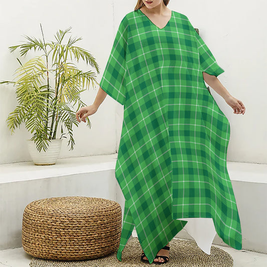 Shamrock Green Plaid Pattern Print Silk V-Neck Kaftan Dress
