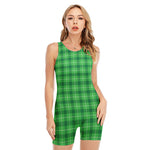Shamrock Green Plaid Pattern Print Sleeveless One Piece Swimsuit