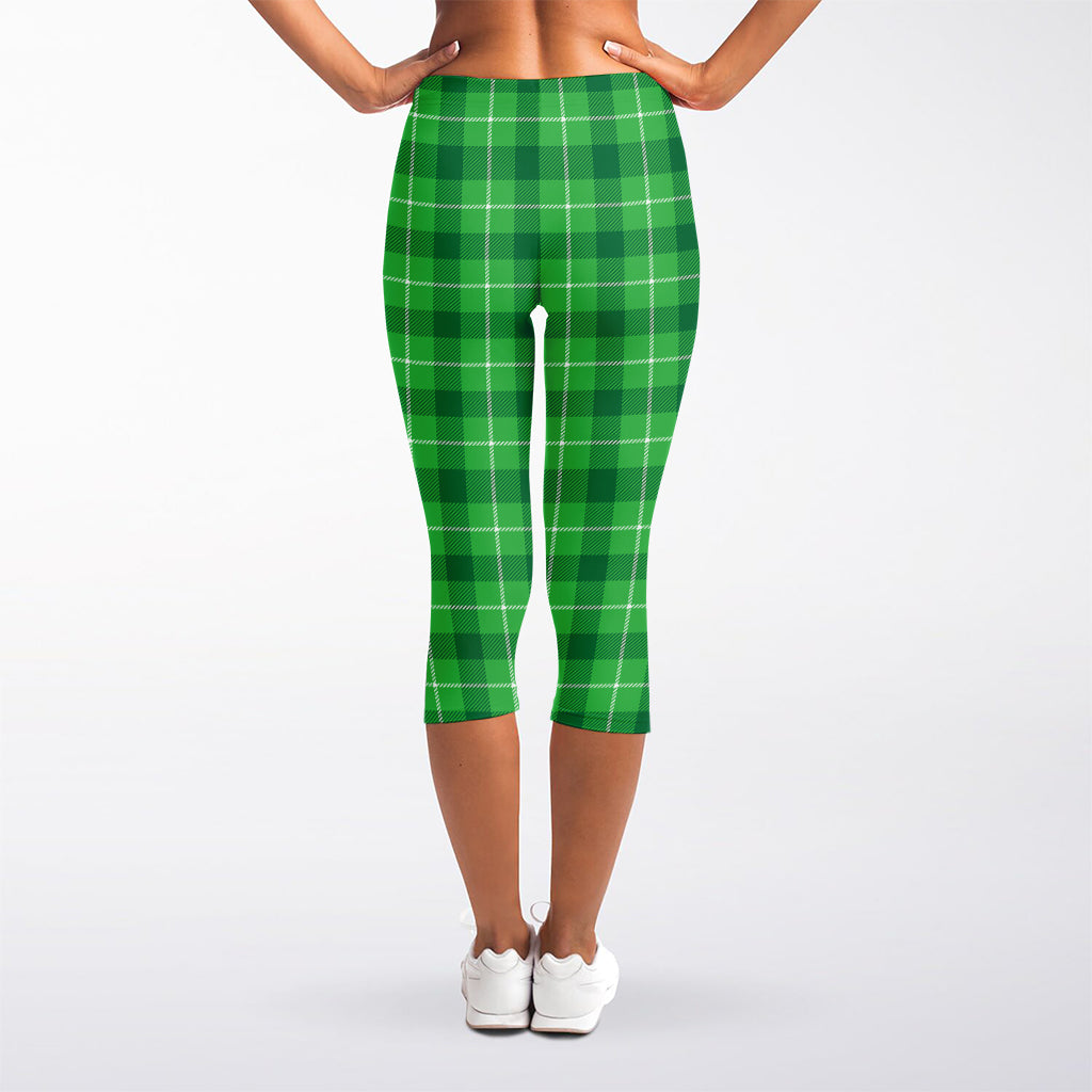 Shamrock Green Plaid Pattern Print Women's Capri Leggings