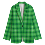 Shamrock Green Plaid Pattern Print Women's Cotton Blazer