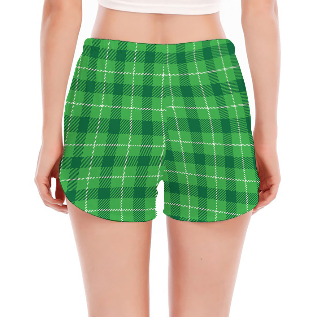 Shamrock Green Plaid Pattern Print Women's Split Running Shorts