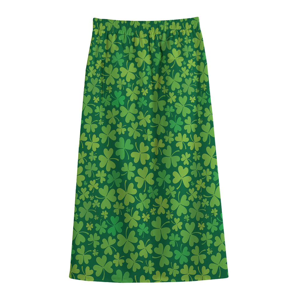 Shamrock Leaf St. Patrick's Day Print Cotton Front Slit Maxi Skirt