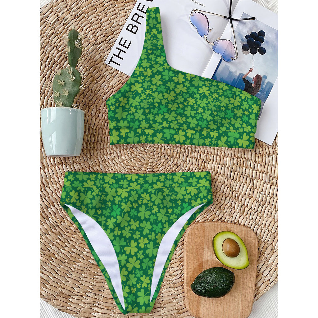 Shamrock Leaf St. Patrick's Day Print One Shoulder Bikini Top