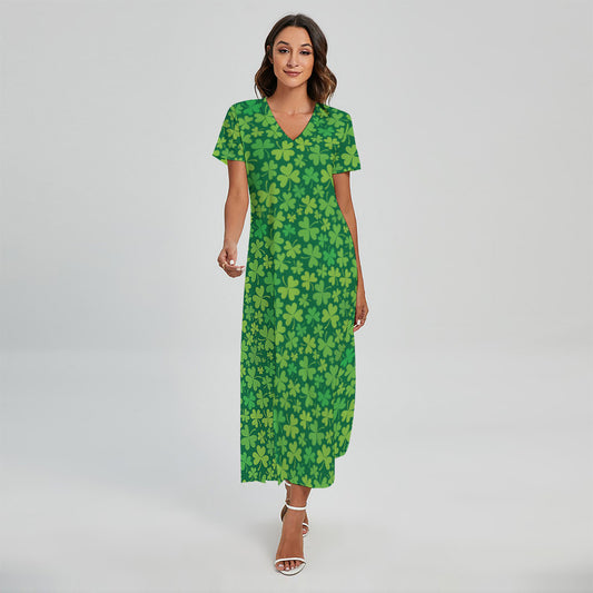 Shamrock Leaf St. Patrick's Day Print Short Sleeve Maxi Dress