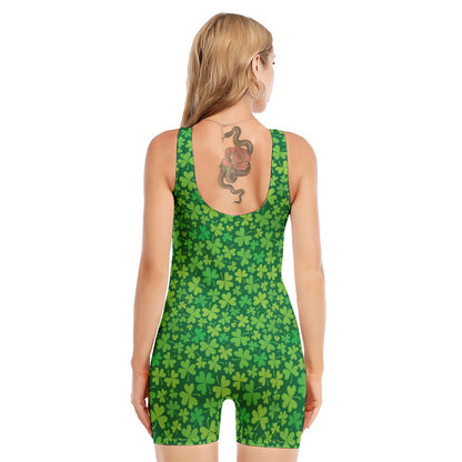 Shamrock Leaf St. Patrick's Day Print Sleeveless One Piece Swimsuit