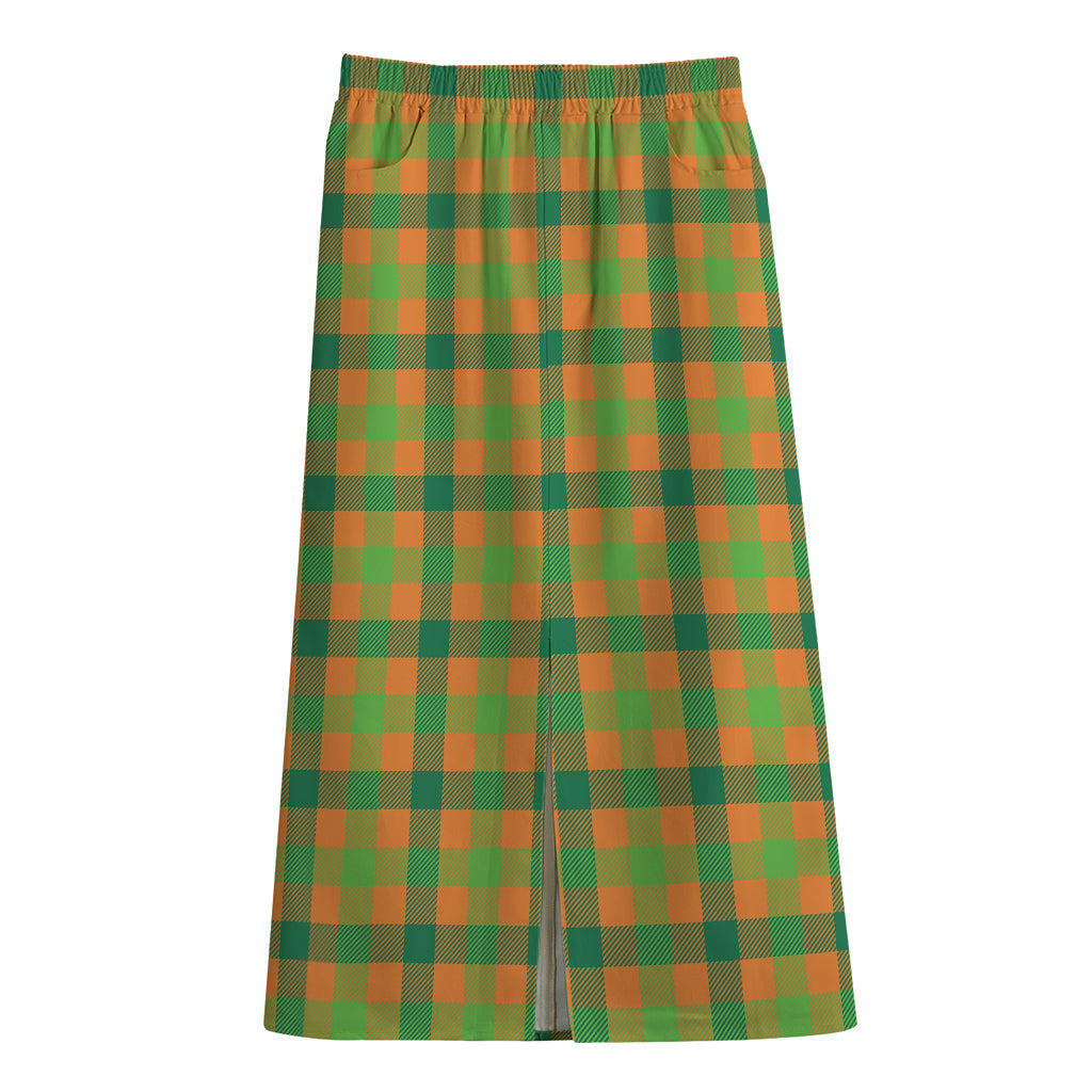 Shamrock Plaid Saint Patrick's Day Print Cotton Front Slit Maxi Skirt