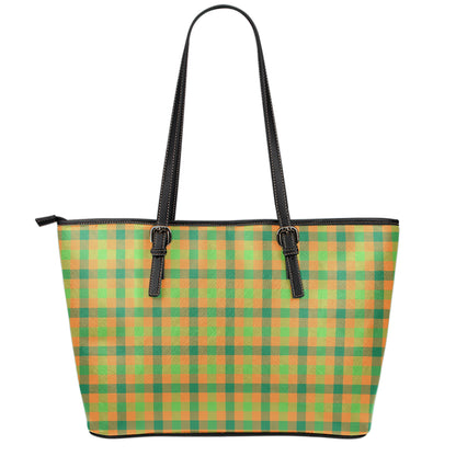 Shamrock Plaid Saint Patrick's Day Print Leather Tote Bag