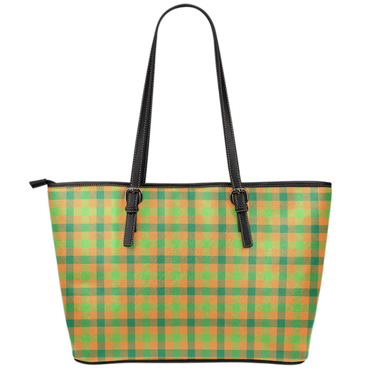 Shamrock Plaid Saint Patrick's Day Print Leather Tote Bag