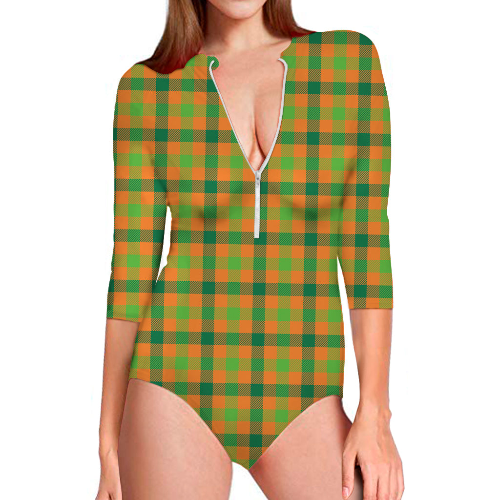 Shamrock Plaid Saint Patrick's Day Print Long Sleeve Swimsuit