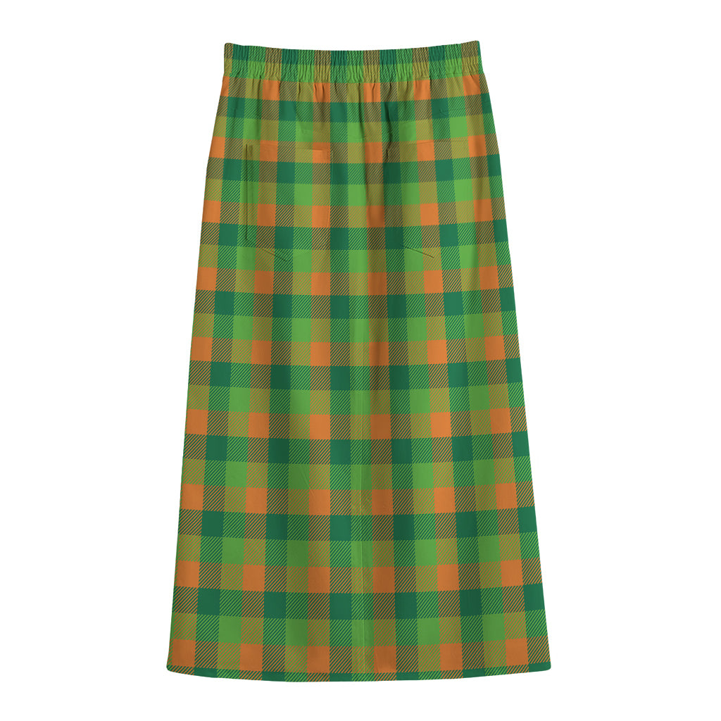 Shamrock Plaid St. Patrick's Day Print Cotton Front Slit Maxi Skirt
