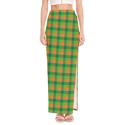 Shamrock Plaid St. Patrick's Day Print High Slit Maxi Skirt