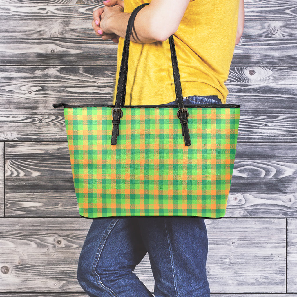 Shamrock Plaid St. Patrick's Day Print Leather Tote Bag