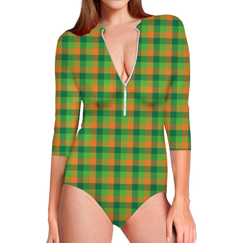 Shamrock Plaid St. Patrick's Day Print Long Sleeve Swimsuit