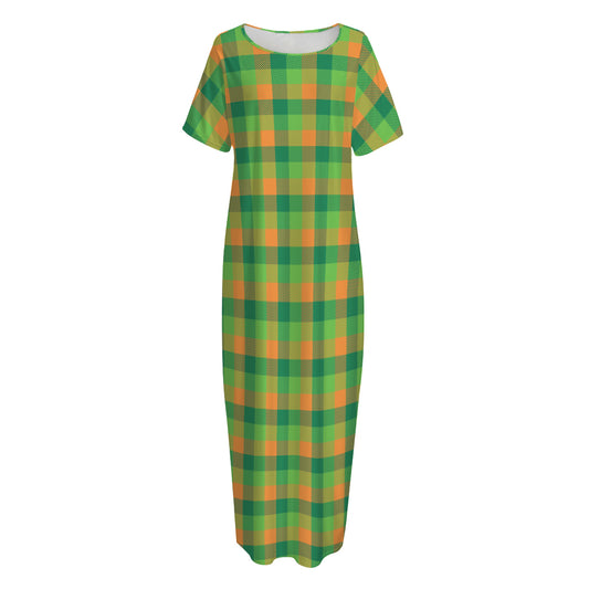 Shamrock Plaid St. Patrick's Day Print Short Sleeve Long Nightdress