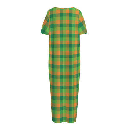 Shamrock Plaid St. Patrick's Day Print Short Sleeve Long Nightdress