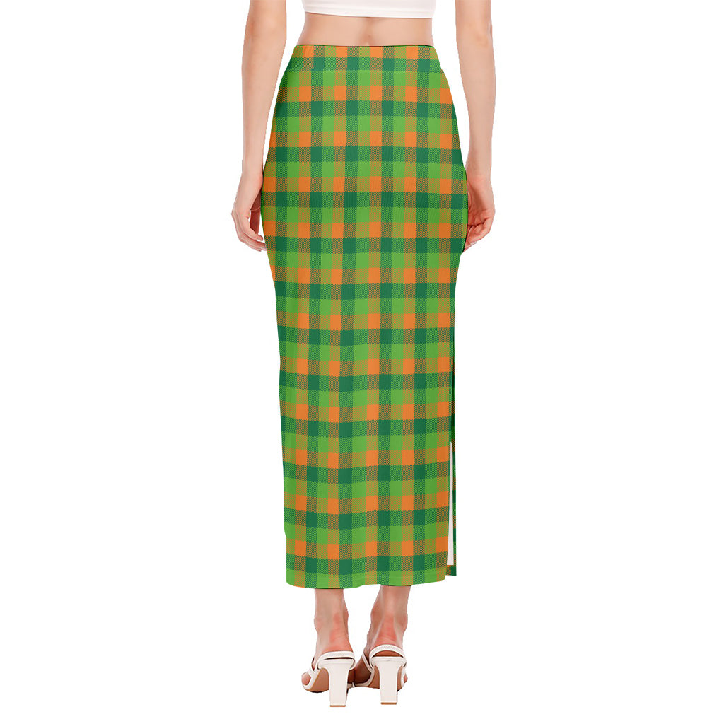 Shamrock Plaid St. Patrick's Day Print Side Slit Maxi Skirt