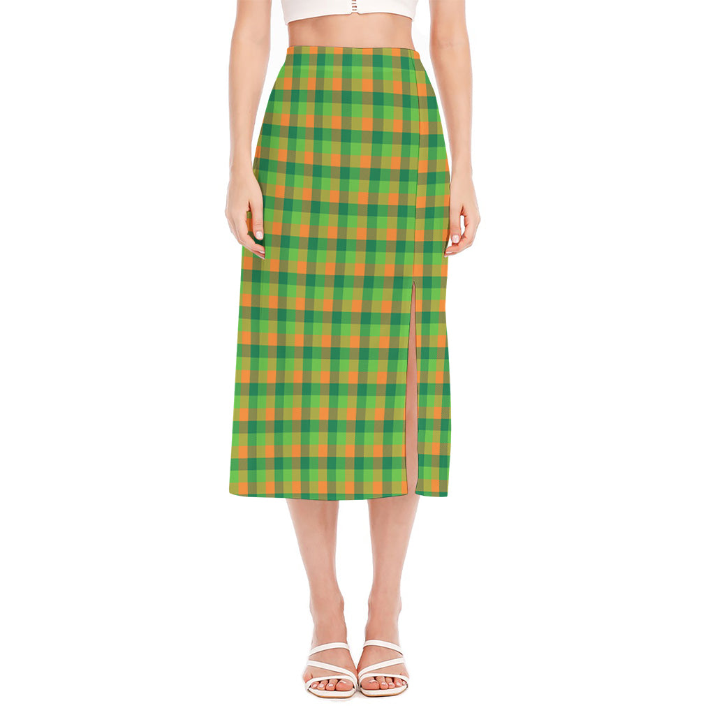 Shamrock Plaid St. Patrick's Day Print Side Slit Midi Skirt