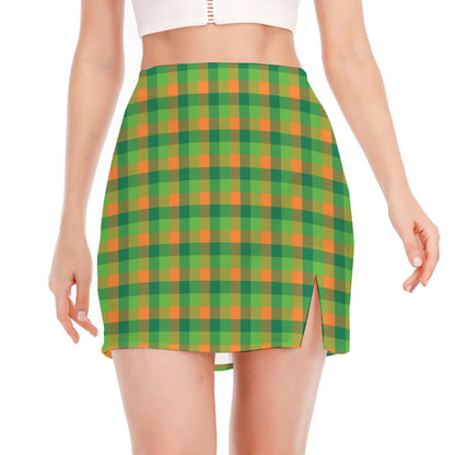 Shamrock Plaid St. Patrick's Day Print Side Slit Mini Skirt
