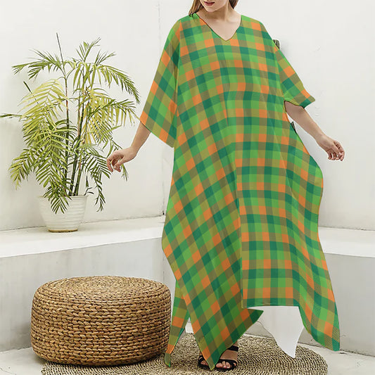 Shamrock Plaid St. Patrick's Day Print Silk V-Neck Kaftan Dress