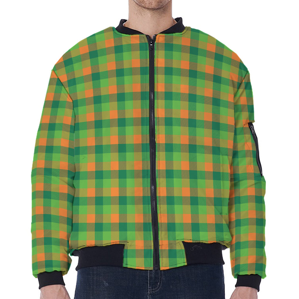 Shamrock Plaid St. Patrick's Day Print Zip Sleeve Bomber Jacket