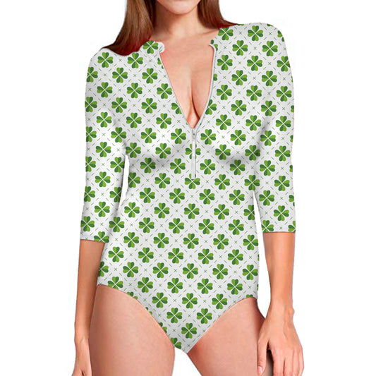 Shamrock Saint Patrick's Day Print Long Sleeve Swimsuit