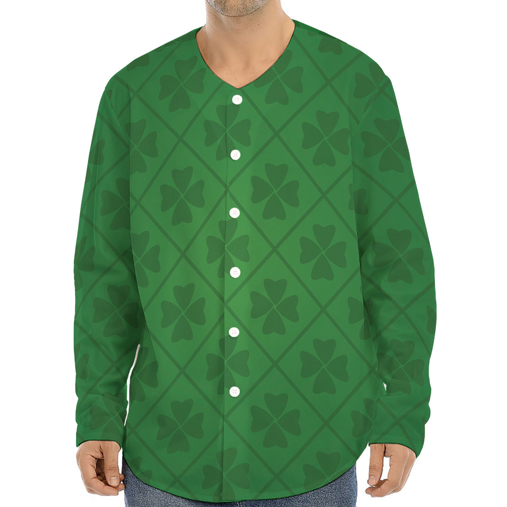 Shamrock St. Patrick's Day Pattern Print Long Sleeve Baseball Jersey