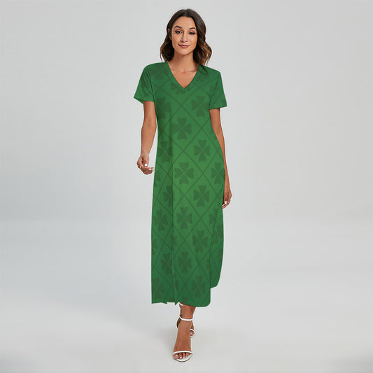 Shamrock St. Patrick's Day Pattern Print Short Sleeve Maxi Dress