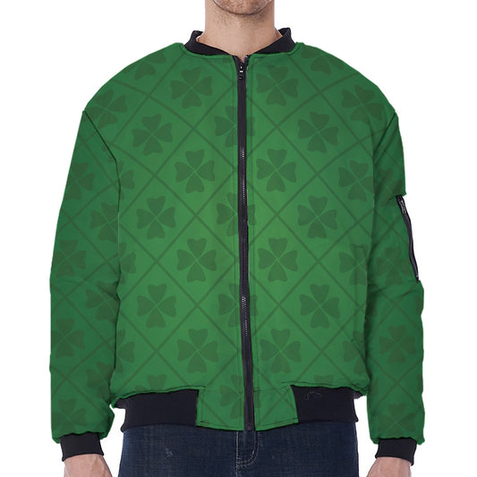 Shamrock St. Patrick's Day Pattern Print Zip Sleeve Bomber Jacket