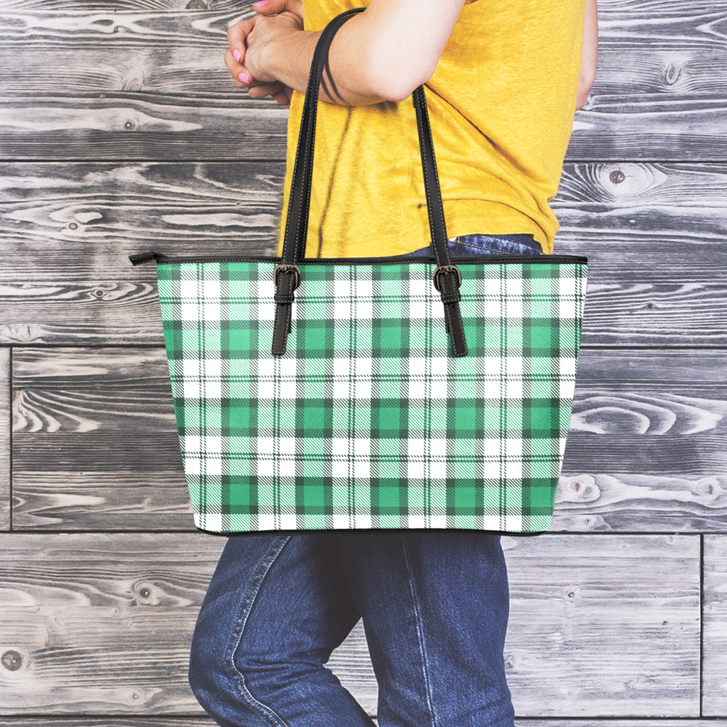Shamrock St. Patrick's Day Tartan Print Leather Tote Bag