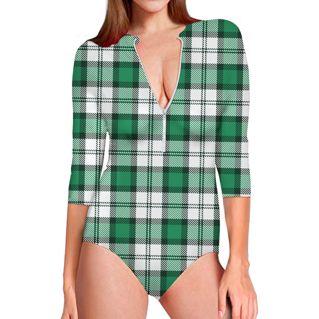 Shamrock St. Patrick's Day Tartan Print Long Sleeve Swimsuit