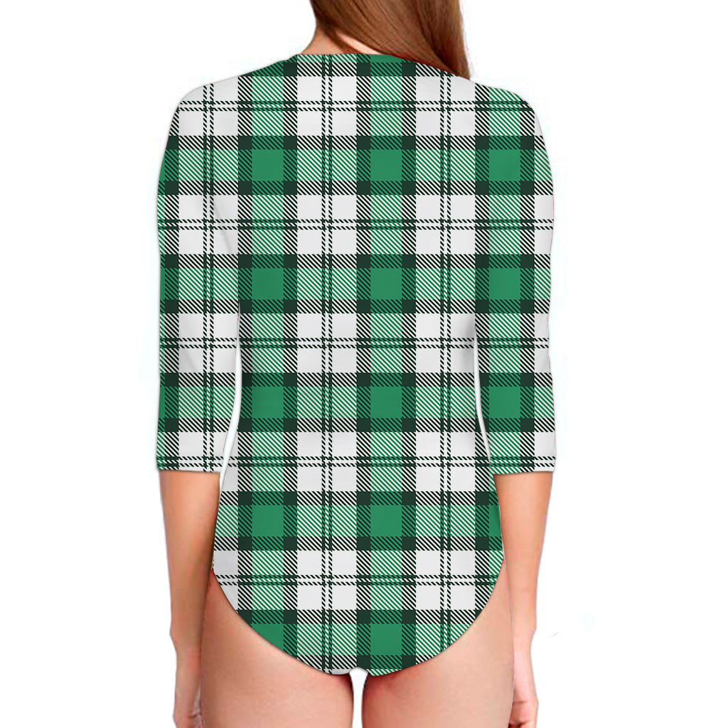 Shamrock St. Patrick's Day Tartan Print Long Sleeve Swimsuit