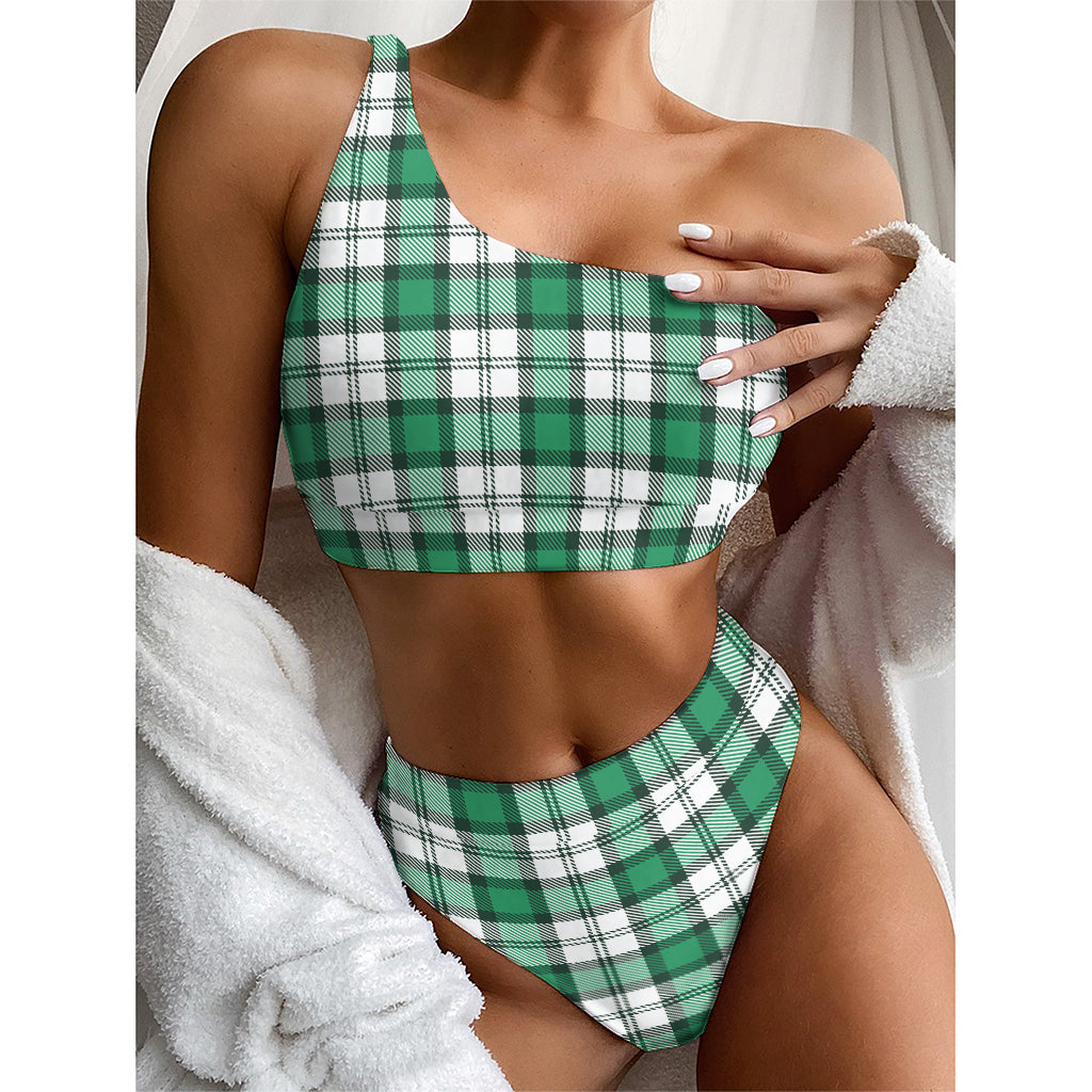 Shamrock St. Patrick's Day Tartan Print One Shoulder Bikini Top