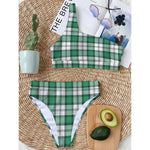 Shamrock St. Patrick's Day Tartan Print One Shoulder Bikini Top